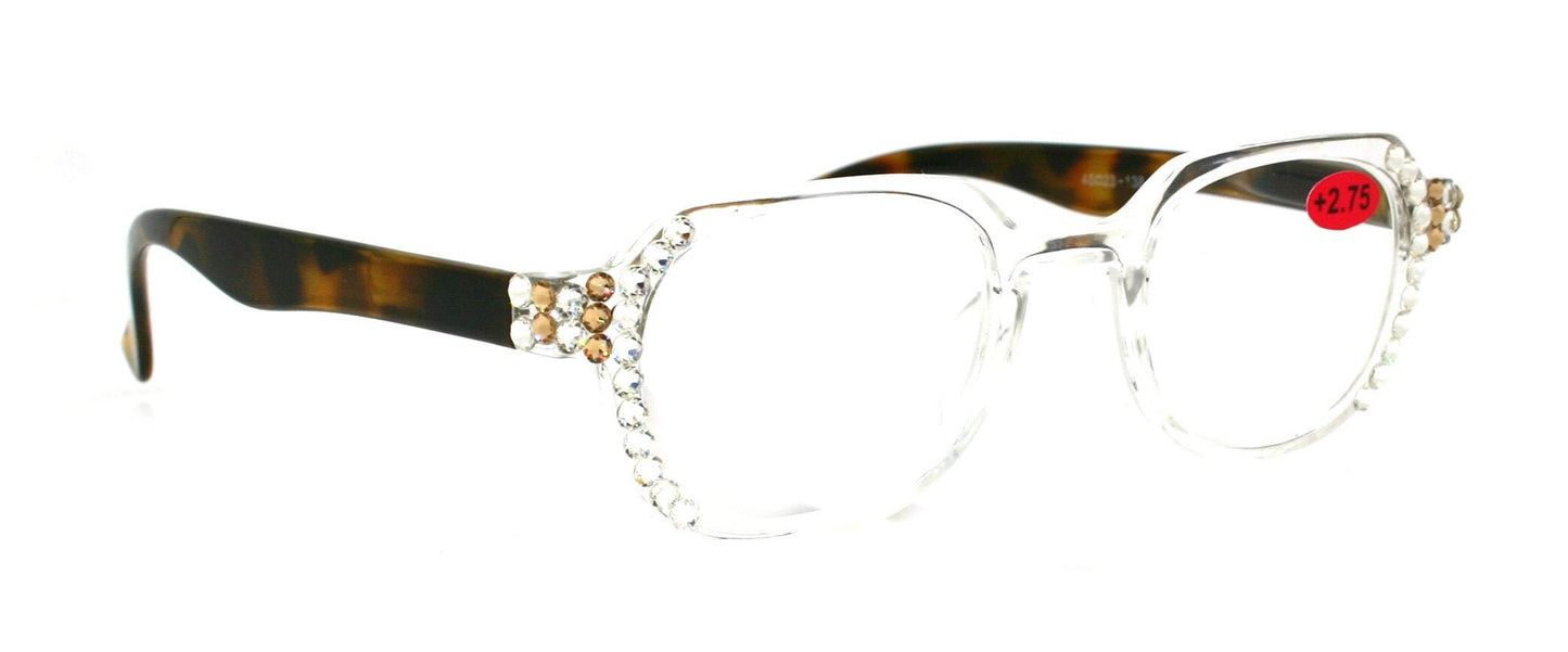 The Hexagon, (Bling) Women Reading Glasses W (Clear, L. Colorado) Genuine Crystals  (Translucent Clear, Brown TortoiseShell) NY Fifth Avenue 