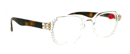 The Hexagon, (Bling) Women Reading Glasses W (Clear, L. Colorado) Genuine Crystals  (Translucent Clear, Brown TortoiseShell) NY Fifth Avenue 