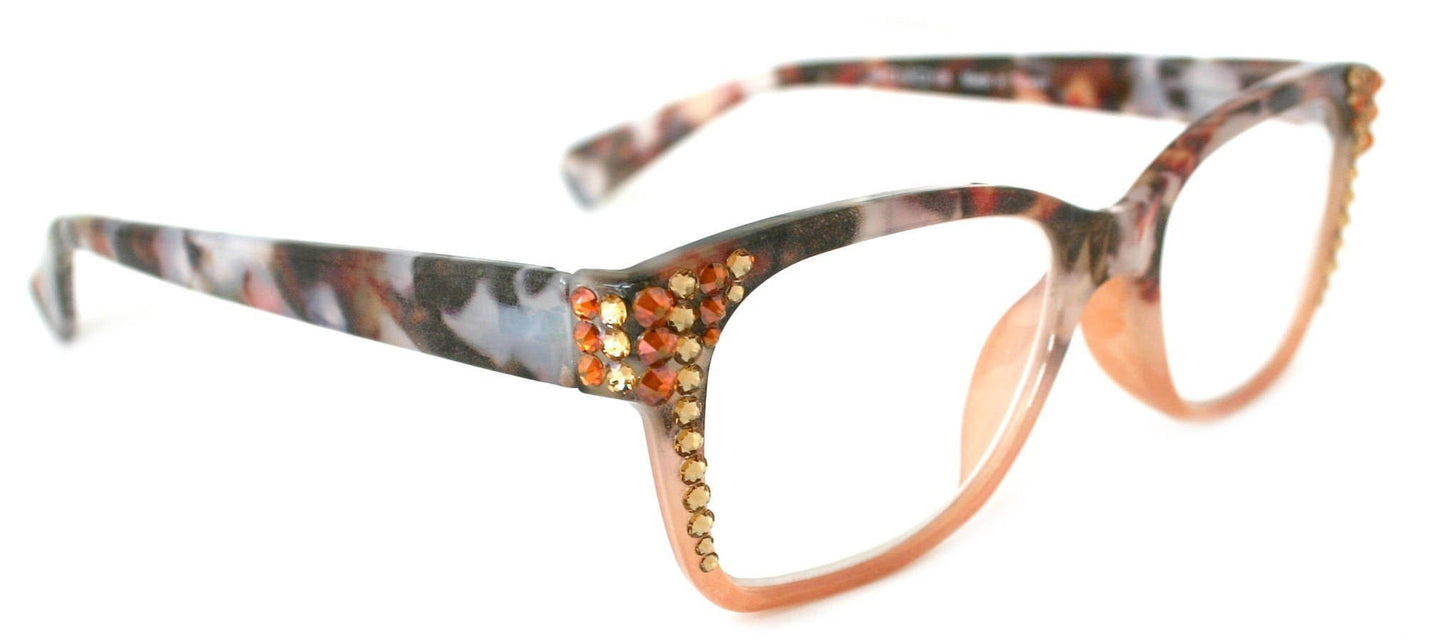 Aya, (Bling) Women Reading Glasses Adorned W ( Cooper, Light Colorado) Genuine European Crystals. +1.25.. +3 Square  NY Fifth Avenue