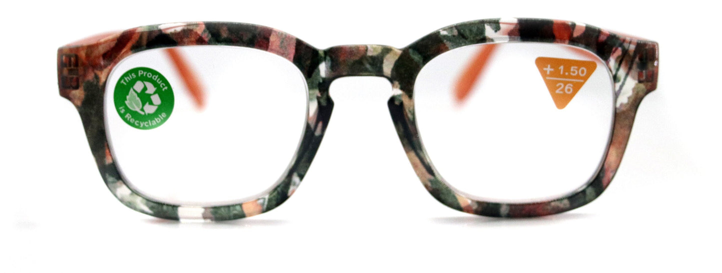 Sasha, (Premium) Reading Glasses High End Readers, Magnifying Eyeglasses (Black n Orange) Camo Square Optical Frames NY Fifth Avenue 