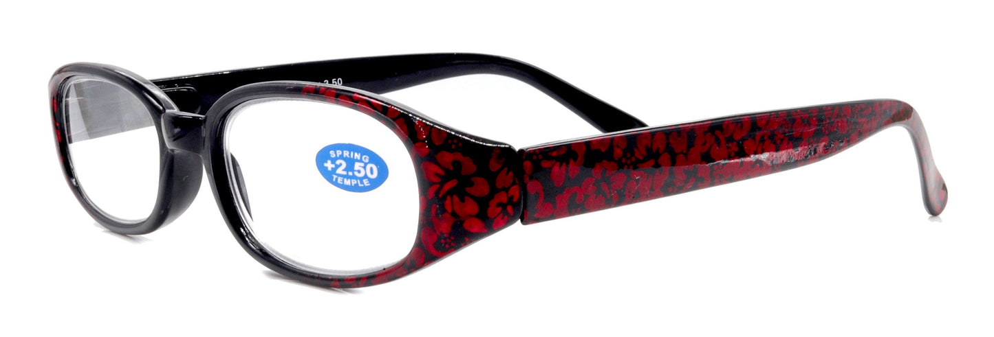 Isabella, (Premium) Reading Glasses, Fashion Reader (Floral Red n Black) Oval +4 +4.5 +5 +6 High Magnification, NY Fifth Avenue (Wide Frame)