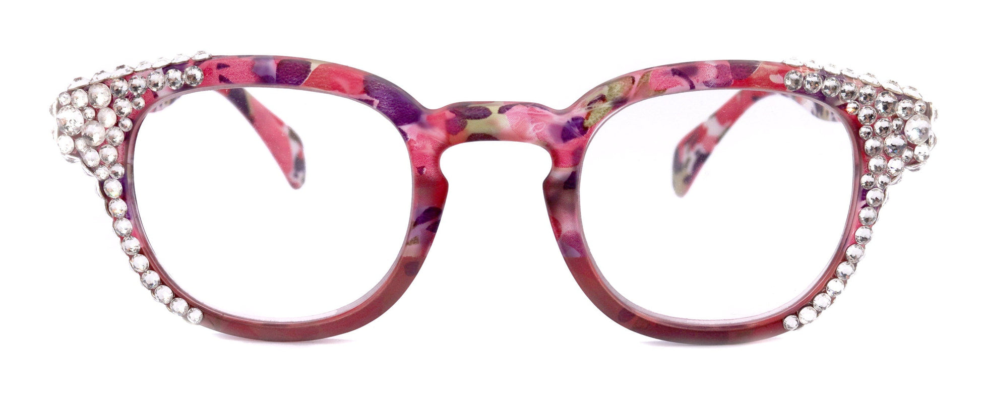 Autumn, (Bling) Reading Glasses For Women Adorned w (Clear) Genuine European Crystals,  Round Frame (Pink, Purple Floral) NY Fifth Avenue 