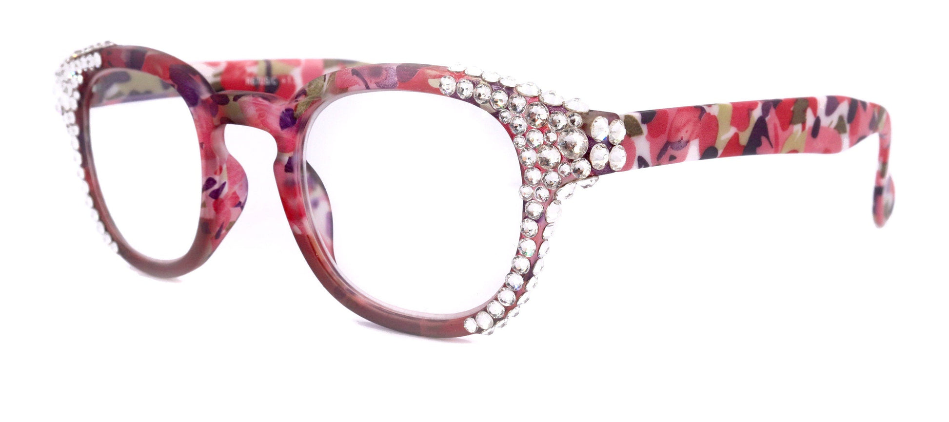 Autumn, (Bling) Reading Glasses For Women Adorned w (Clear) Genuine European Crystals,  Round Frame (Pink, Purple Floral) NY Fifth Avenue 