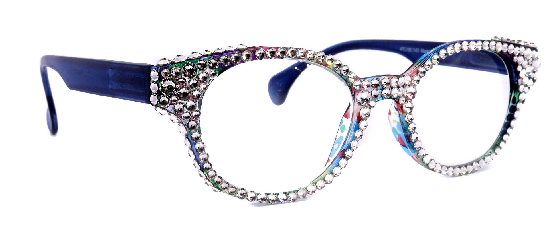 Autumn, (Bling) Reading Glasses For Women W (Full Crystals) Genuine European Crystals  Round Frame (Blue, Purple Floral) NY Fifth Avenue 