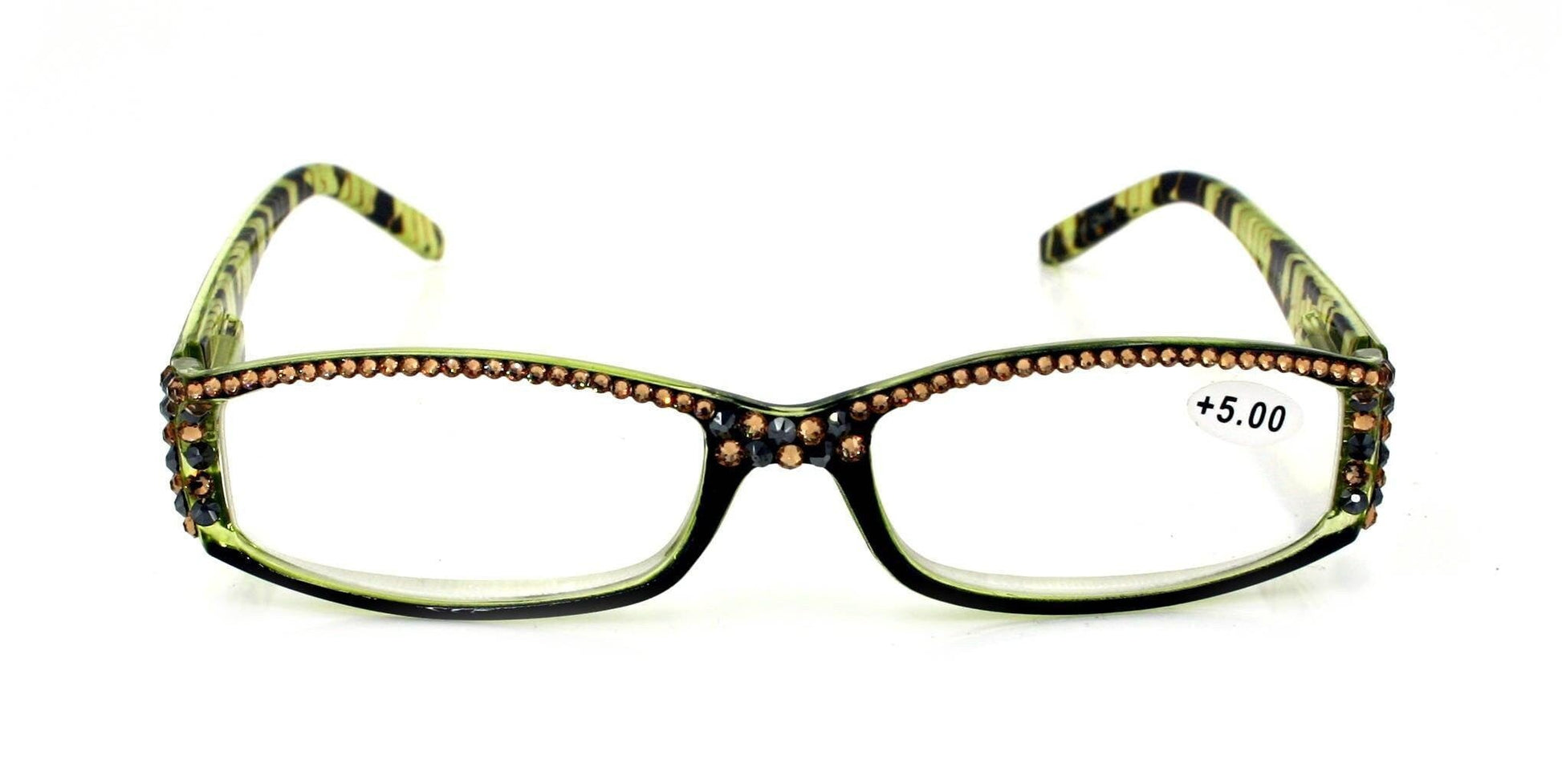 Tuscany, (Bling) Reading Glasses For Women Adorned W (Full Top) (L. Colorado)   (Black, Green) Rectangular, NY Fifth Avenue 