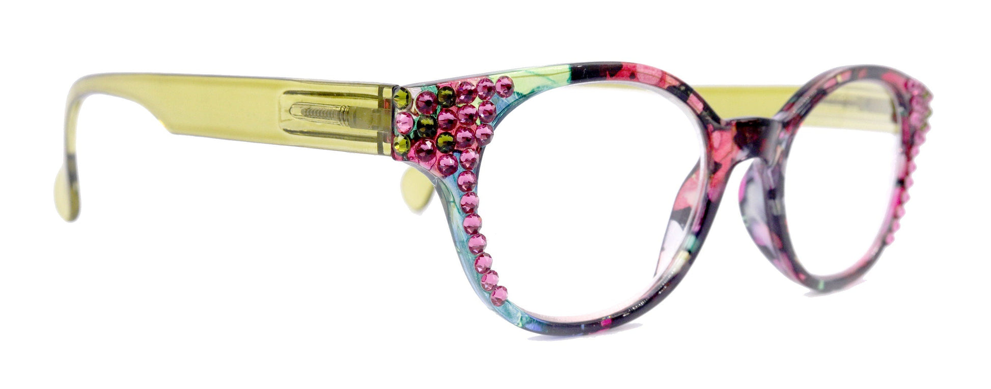 Versailles, (Bling) Reading Glasses 4 women W (Rose, Olivine) Genuine European Crystals (Pink, Green, Clear) Round Frame. NY Fifth Avenue