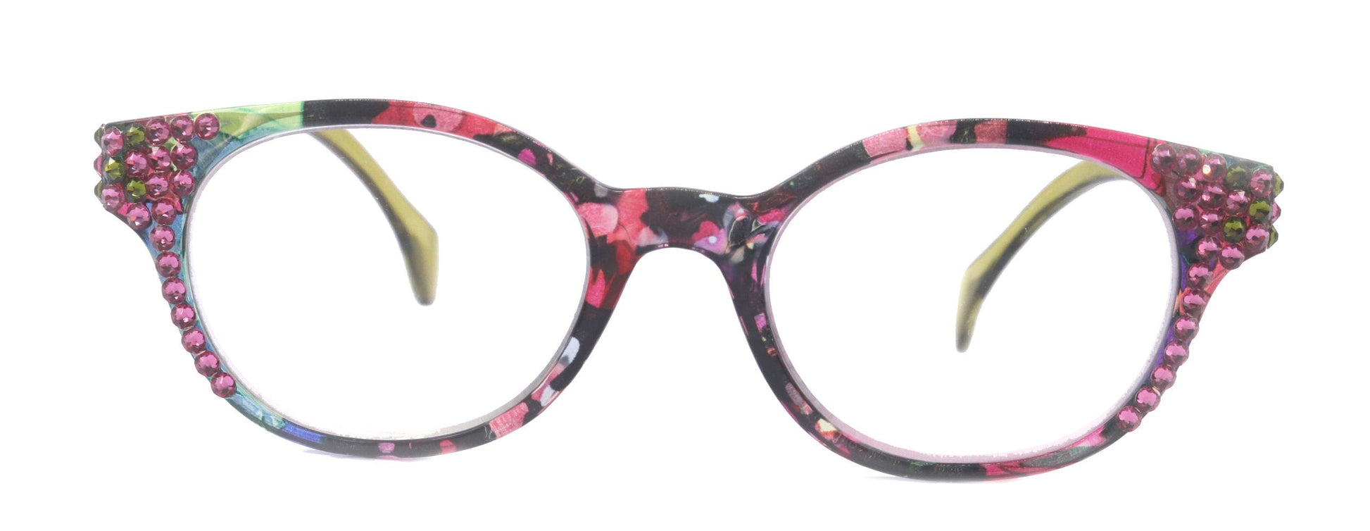 Versailles, (Bling) Reading Glasses 4 women W (Rose, Olivine) Genuine European Crystals (Pink, Green, Clear) Round Frame. NY Fifth Avenue