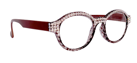 The Alchemist, (Bling) Round Women Reading Glasses W (Full TOP) (Clear) Genuine European Crystals (Hound tooth, Brown) NY Fifth Avenue 