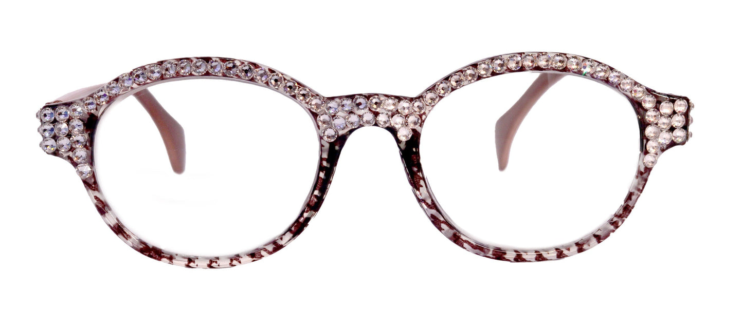 The Alchemist, (Bling) Round Women Reading Glasses W (Full TOP) (Clear) Genuine European Crystals (Hound tooth, Brown) NY Fifth Avenue 